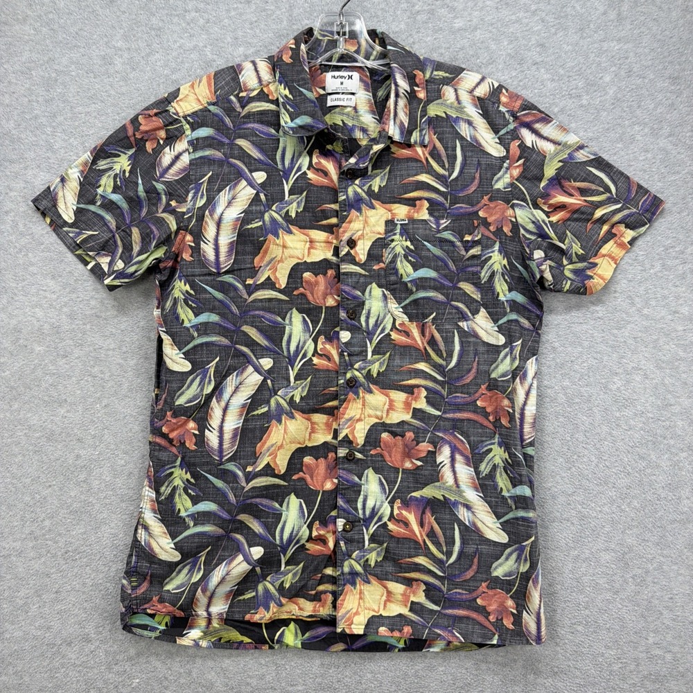 Hurley Shirt Mens Medium Black Floral Aloha Tropical Hawaiian Beach Resort Y2K
